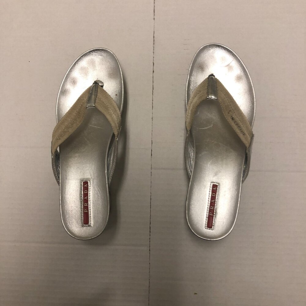 Prada silver platform wedge T-strap open toe leat… - image 3